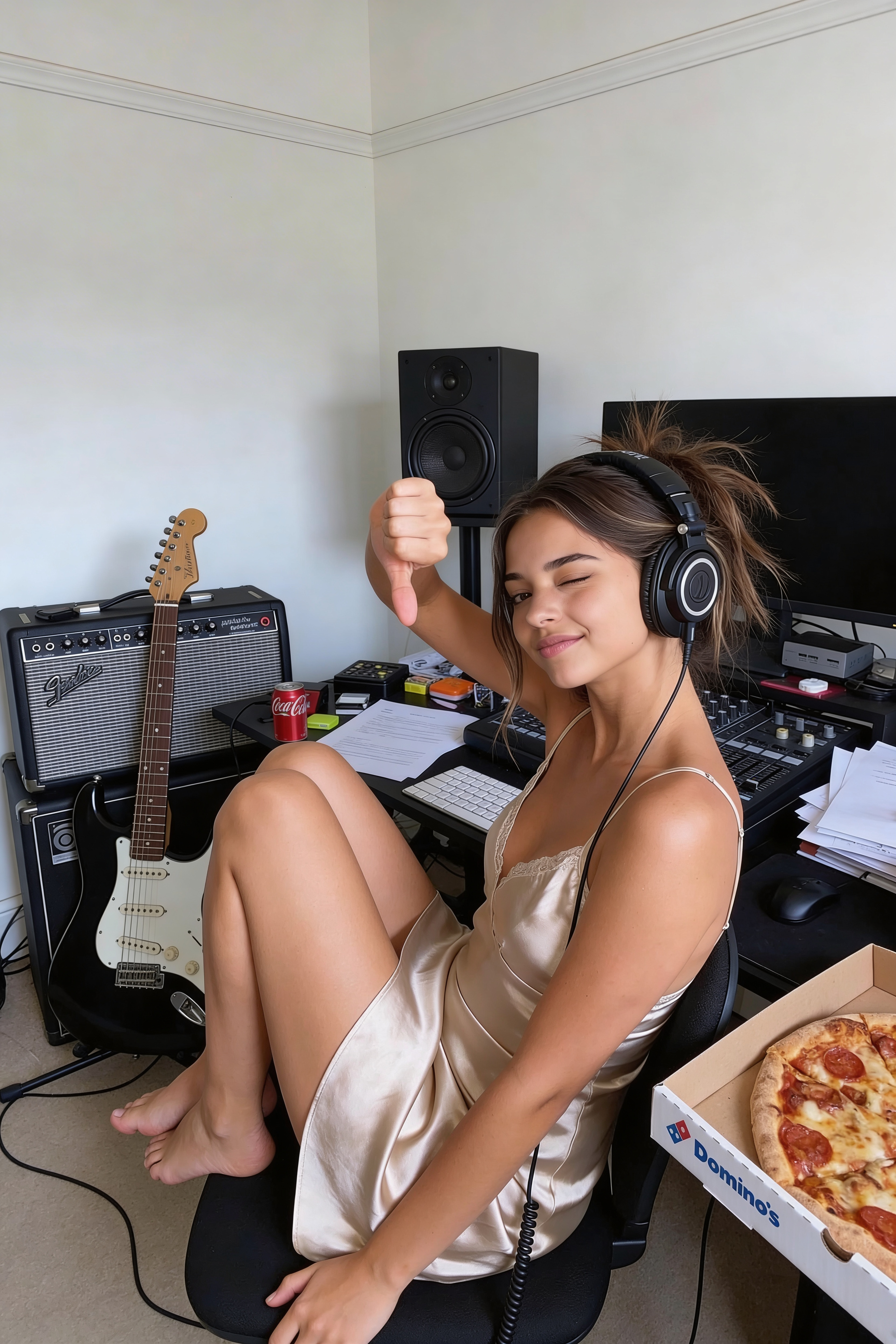 Erica in a home studio setup with headphones on, giving a thumbs down.